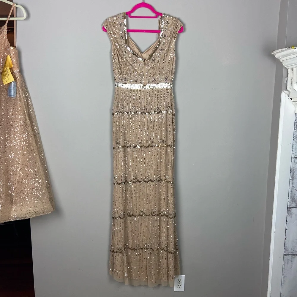 Mac Duggal cap sleeve sequin beaded embellished column gown nude 11175_7